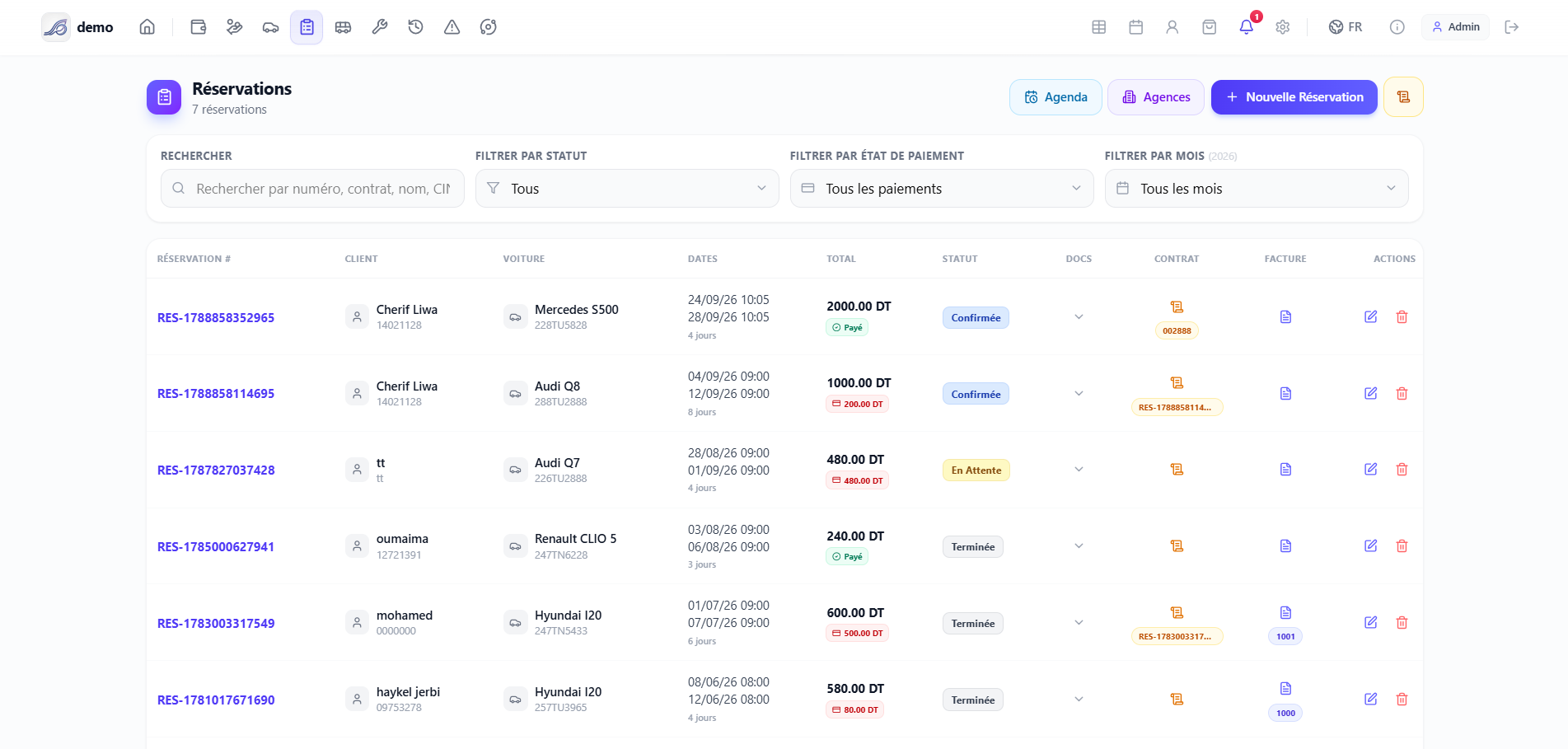 Automedon — module Réservations : liste des contrats, statuts et paiements
